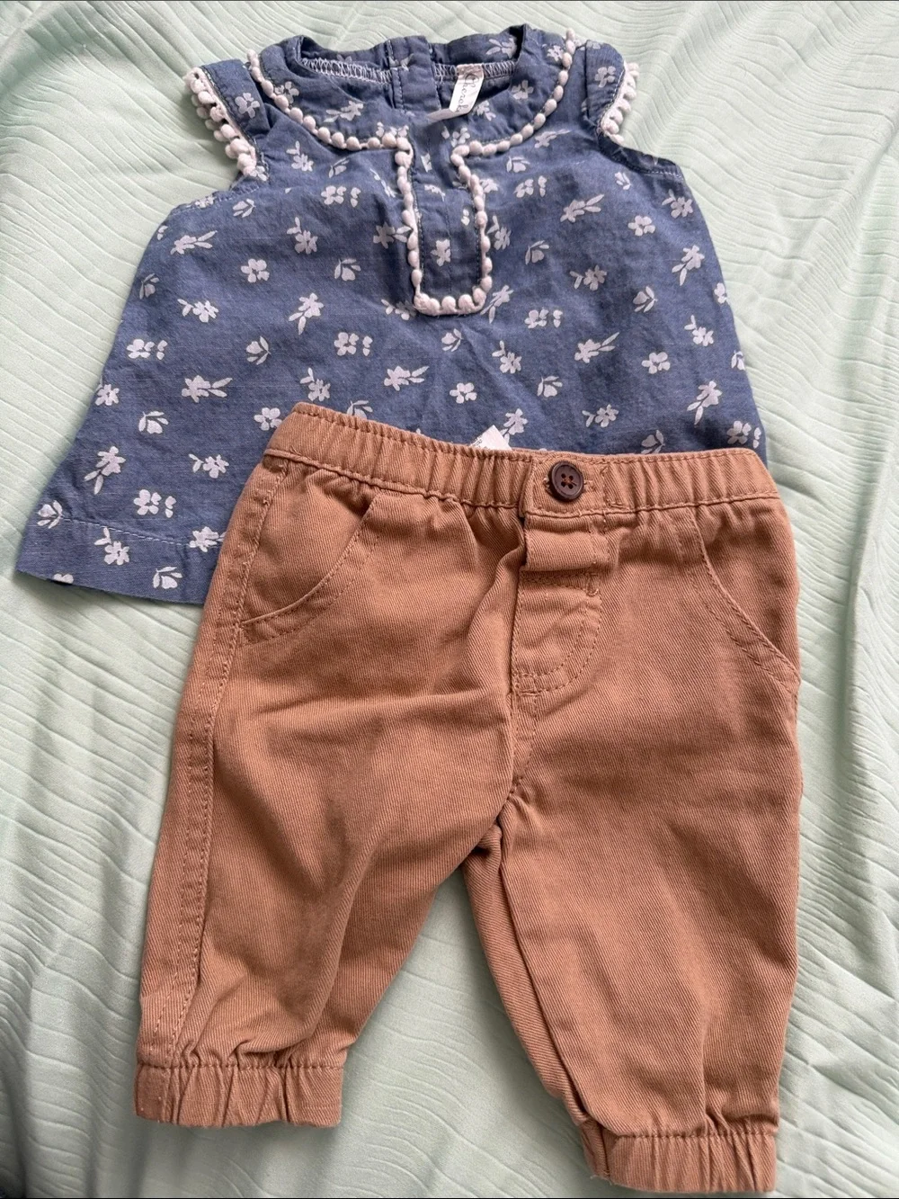 Baby Girls Floral Blue Top and Tan Pants Matching Set